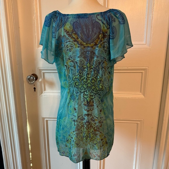 Unity World Wear Women’s Blue Green Studded Patterned Top Medium Flutter Sleeve - Picture 3 of 15